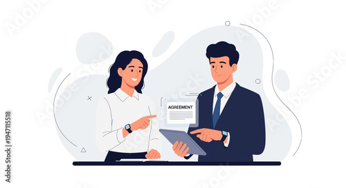 Business partners discussing agreement on tablet, professional meeting, teamwork, contract signing