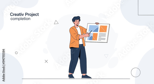 Man presenting creative project completion with charts and graphs on screen