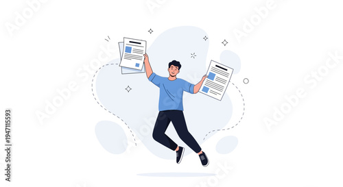 Excited man jumping with documents, celebrating success, achievement, and good news