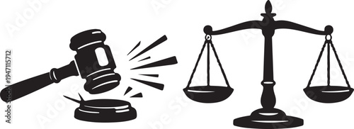 Gavel silhouette striking justice balance scales