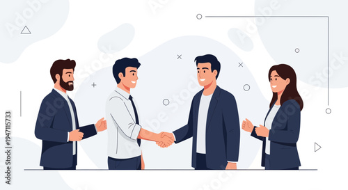 Business partners shaking hands, successful deal, teamwork, diverse professionals celebrating success.