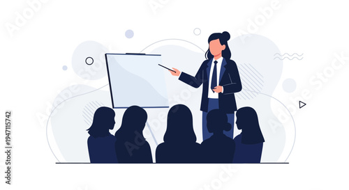 Businesswoman presenting to diverse audience at whiteboard, modern office meeting illustration