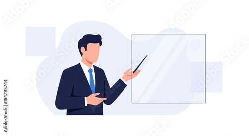 Businessman pointing at a blank presentation board, business meeting, strategy, planning, corporate concept