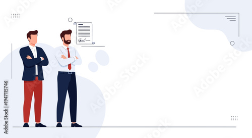 Two businessmen standing with arms crossed, contract on shelf, business concept, partnership, teamwork