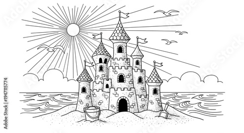 Grand sandcastle on a sunny beach with ocean waves and seagulls, in a detailed black and white outline illustration.