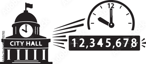 City hall silhouette clock ticking census numbers