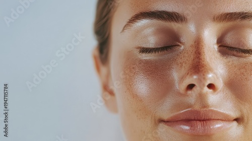 Close Up Portrait of Woman Covered in Silver Glitter against White Background