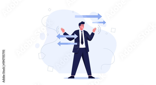 Businessman juggling arrows representing business strategy, direction, and decision making