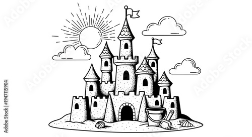 Detailed sandcastle on a sunny beach with clouds, shovels, and a bucket, in an intricate black and white outline illustration.