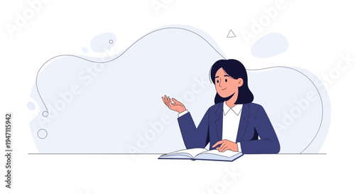 Woman in suit presenting information from open book, abstract background