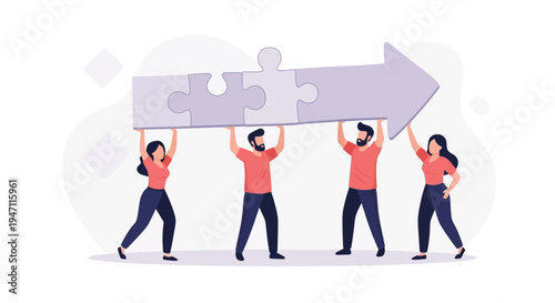 Teamwork puzzle arrow progress, people carrying jigsaw pieces forming a direction