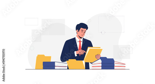 Businessman organizing documents and files in office, business workflow concept