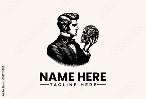 A man in a tuxedo holding a nautilus shell with a logo and tagline on a beige background, illustration with a classic and elegant style.