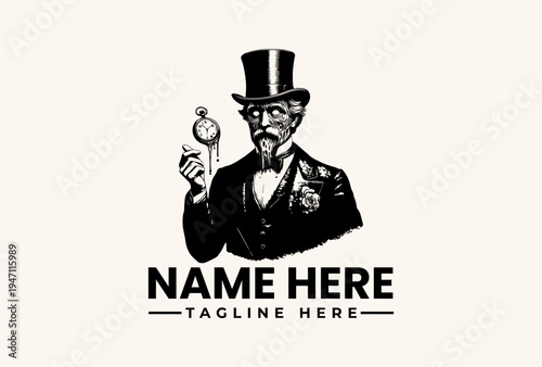 A vintage-style illustration of a man in a top hat and tuxedo holding a magnifying glass with a logo and text placeholder in a classic, elegant design against a neutral background.