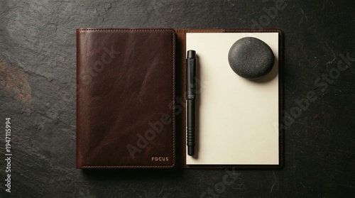 Elegant leather notebook and black pen on dark slate surface with zen stone for minimalist office workspace
