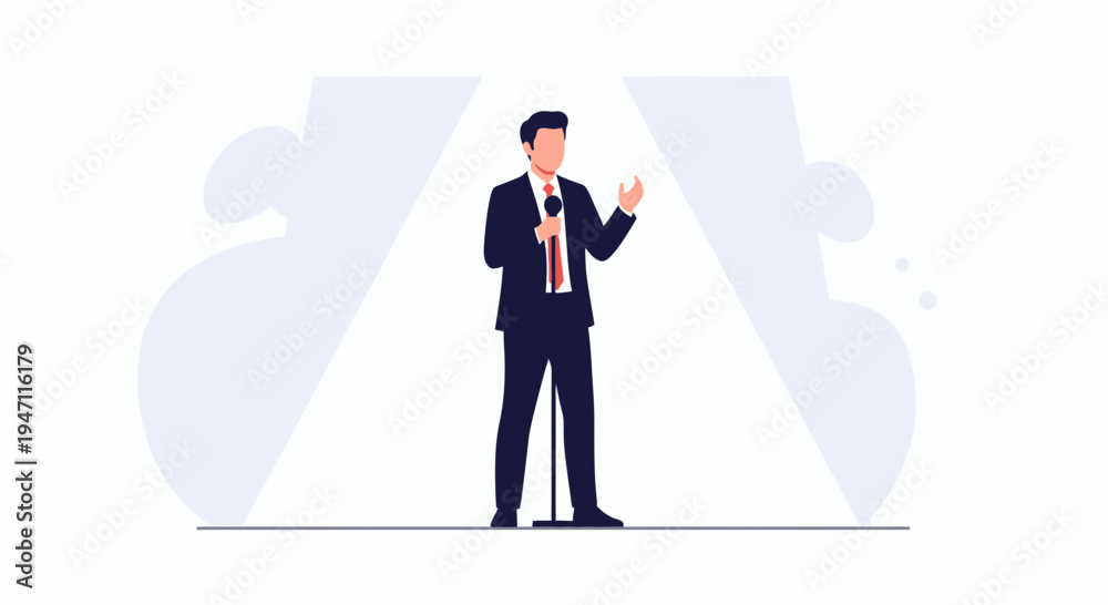 Obraz premium Man in Suit Speaking at Microphone on Stage with Spotlight