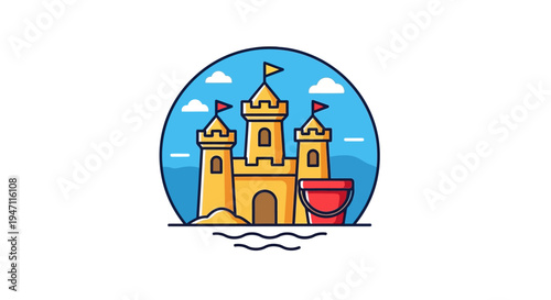 Colorful sandcastle with flags and a red bucket on a beach, within a blue circular frame on an isolated white background, depicting summer fun.
