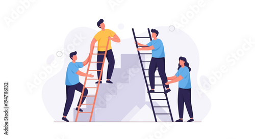Teamwork and Collaboration: People Climbing Stairs and Ladders Together