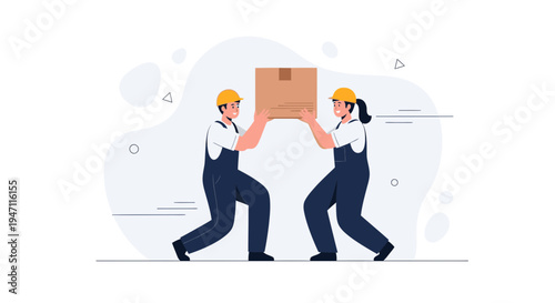 Two Movers Carrying a Cardboard Box Together, Teamwork in Logistics and Delivery