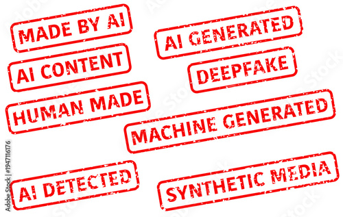 AI Content Detection Stamps Set - Made by AI, Human Made, Deepfake, Synthetic Media Red Rubber Seals