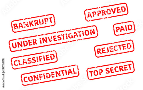 Official Document Stamps Set - Bankrupt, Approved, Classified, Confidential, Top Secret Red Rubber Seals