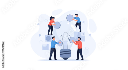 Teamwork building a bright idea light bulb, collaboration and innovation concept