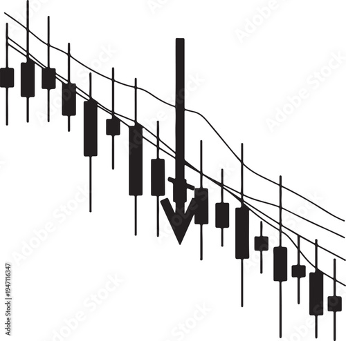 "Bearish market vector illustration showing candlestick chart with downward arrow symbolizing trading decline and financial loss"