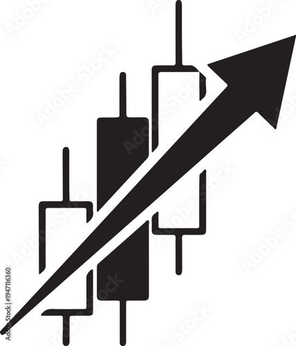 "Upward candlestick chart vector illustration with bold arrow symbolizing bullish market growth and financial success"