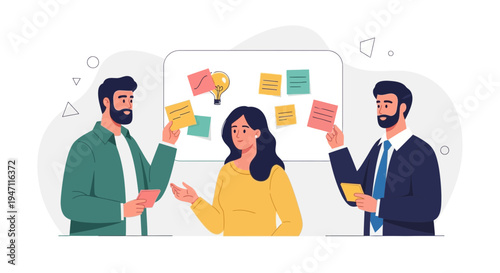 Team brainstorming ideas on a whiteboard with sticky notes and a lightbulb