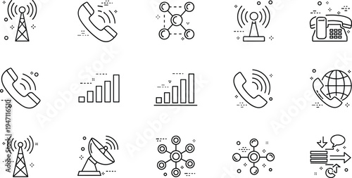 Telecommunication and network technology line icon set with phone signal satellite tower global communication illustration