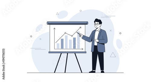 Man presenting financial growth chart on whiteboard, business presentation, strategy, analytics