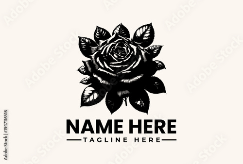 Black and white vector illustration of a rose logo with leaves and customizable text on a beige background, suitable for branding or advertising.