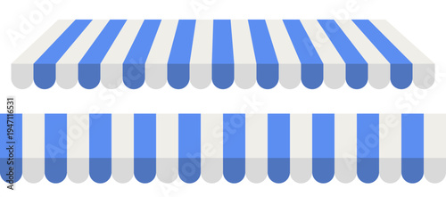 Blue and white striped shop awning. Store roof tent. Vector illustration of a store or market canopy isolated on transparent background.