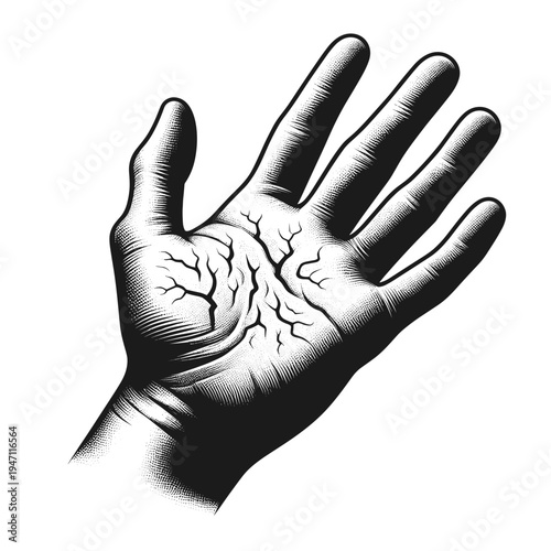 Hand with Itchy eczema illustration inside palm, medical sketch, black and white