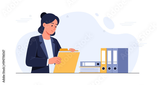Businesswoman organizing files and folders in office, administrative work concept illustration