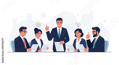 Business meeting with diverse team discussing documents, leader presenting ideas.