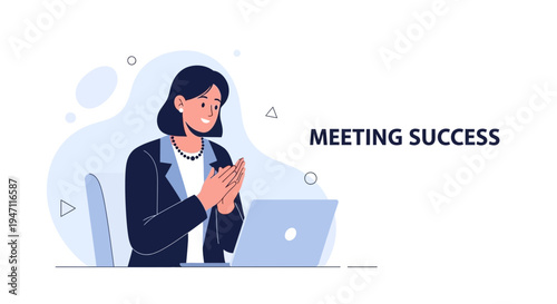 Businesswoman clapping hands in success meeting, laptop on desk, modern office illustration