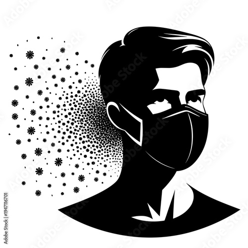 Person wearing mask protecting against virus particles