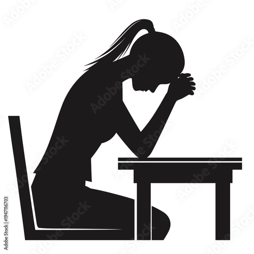 Woman praying at table, distressed silhouette