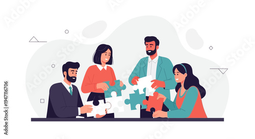 Teamwork and Collaboration: People assembling jigsaw puzzle pieces, business concept