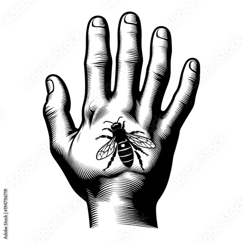 Hand  with swollen bee sting reaction illustration
