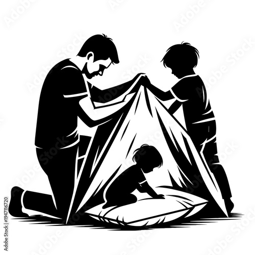 Family building a blanket fort together