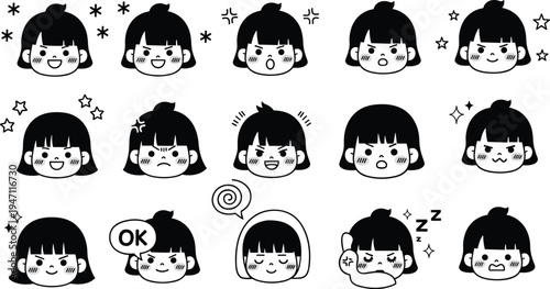 Cartoon girl facial expression illustration set, emotions, happy, angry, surprised, confused, sleepy, vector artwork, communication, character design