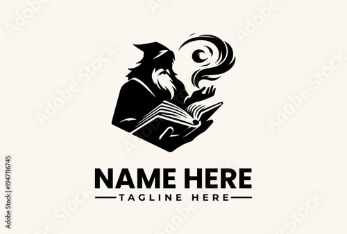Black vector illustration of a wizard reading an open book with a swirling orb, accompanied by placeholder text for a name and tagline on a plain background.