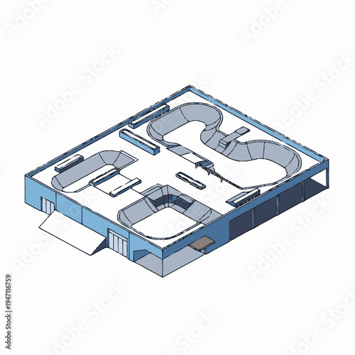 Architectural rendering of an indoor skatepark with various ramps, bowls, and obstacles for skateboarding and BMX.