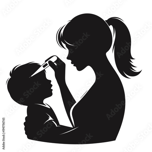 Mother checking child's temperature with gentle touch silhouette