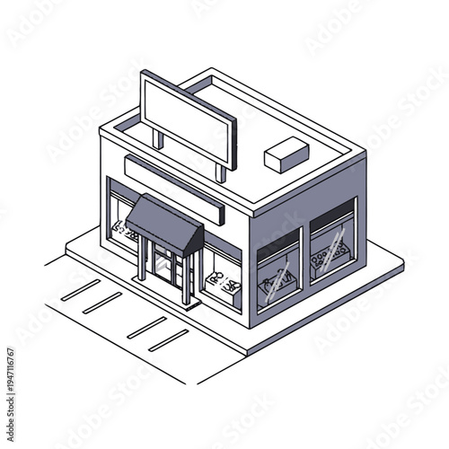 Isometric illustration of a commercial storefront building with a blank sign and large display windows, situated on a sidewalk next to a street.