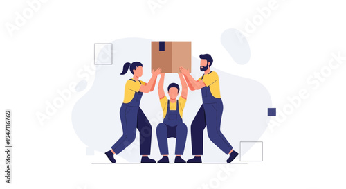 Teamwork moving heavy box, people lifting package together, movers collaboration