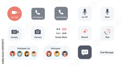 Video meeting UI icon set with join call leave meeting microphone mute camera screen share record participants chat illustration