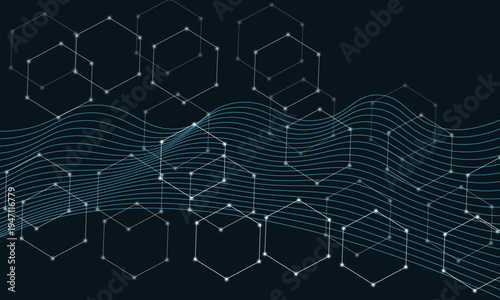 Image of connections and hexagons on black background. Global network, data, communication and technology concept digitally generated image.